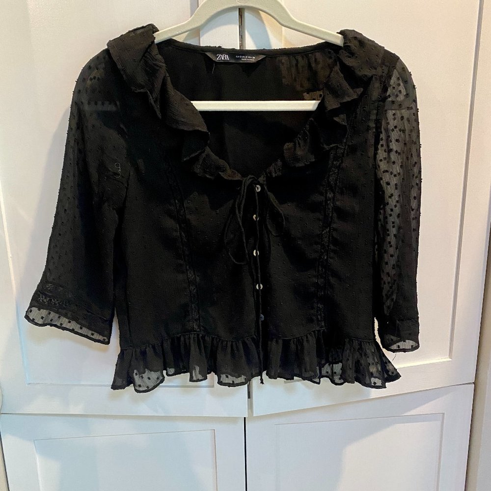 ZARA BLACK LACE POLKA DOT BLOUSE CROPPED